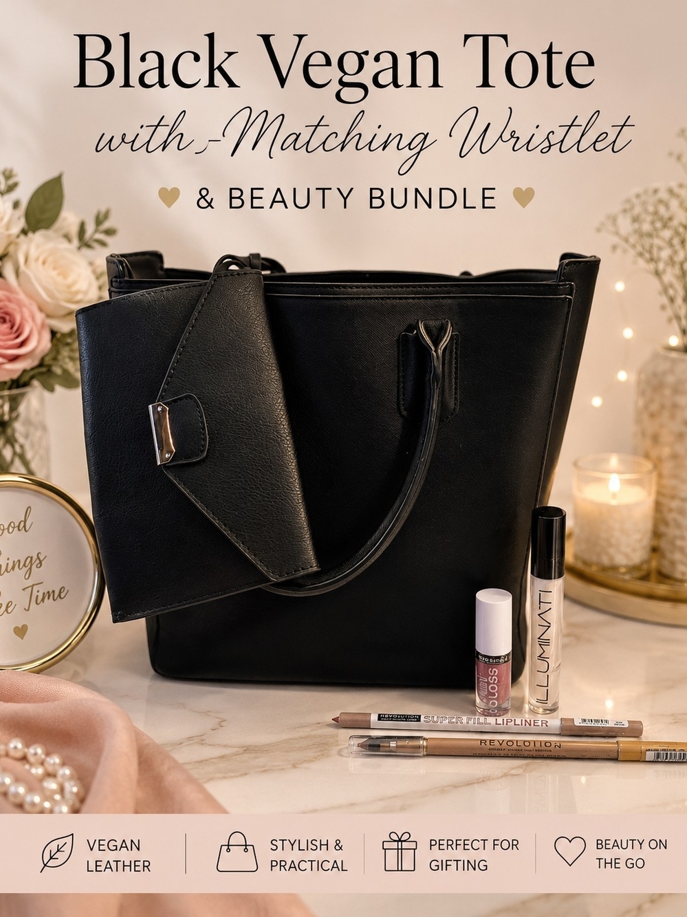 🖤 Black Vegan Tote + Matching Wristlet & Beauty Bundle